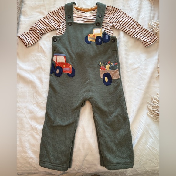 JoJo Maman Bebe Other - 2 piece Toddler Green Overalls with Tractor Design and Striped Shirt